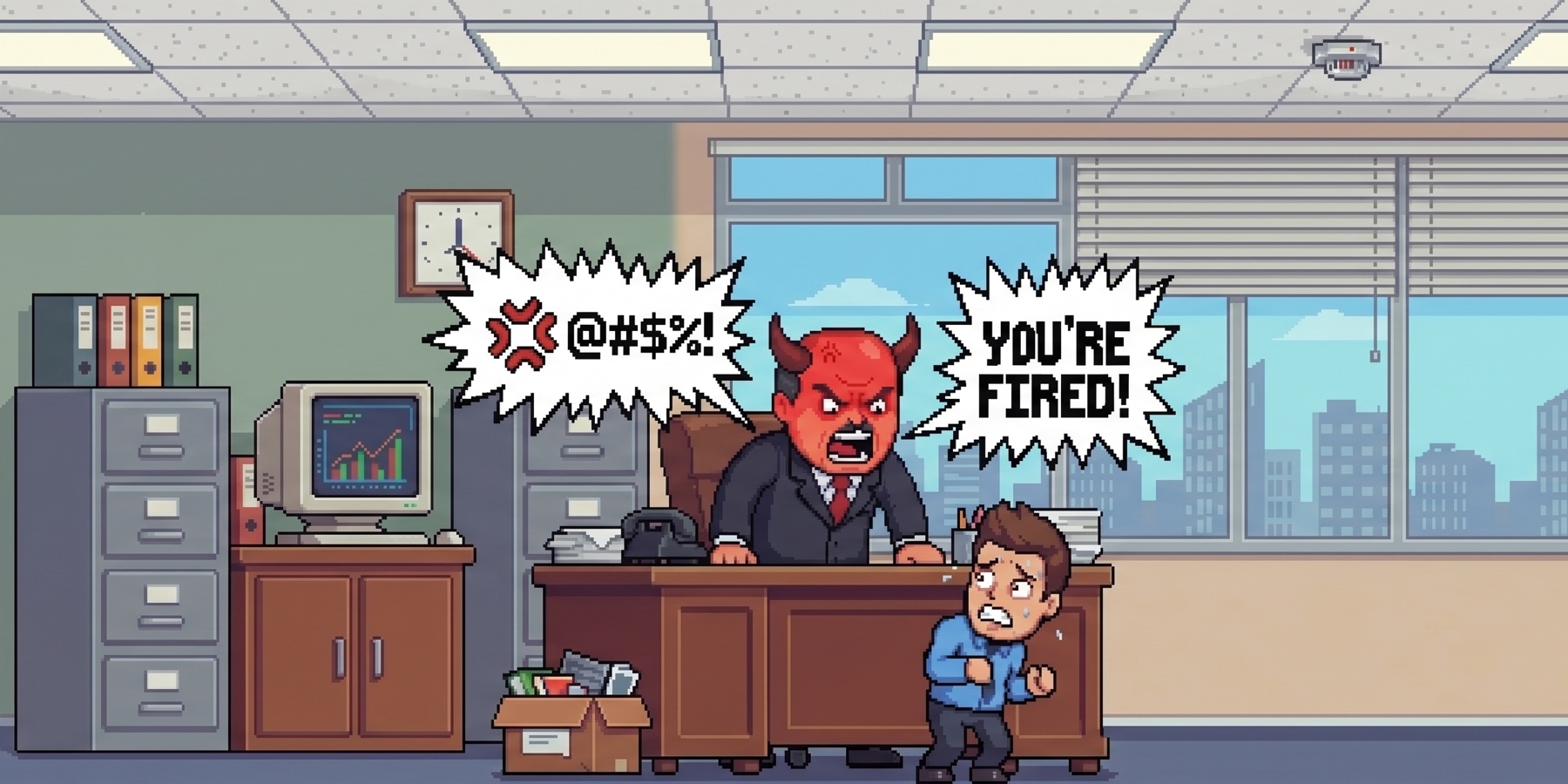 Pixel art scene: a devil boss yells 'You're fired!' at a cowering employee